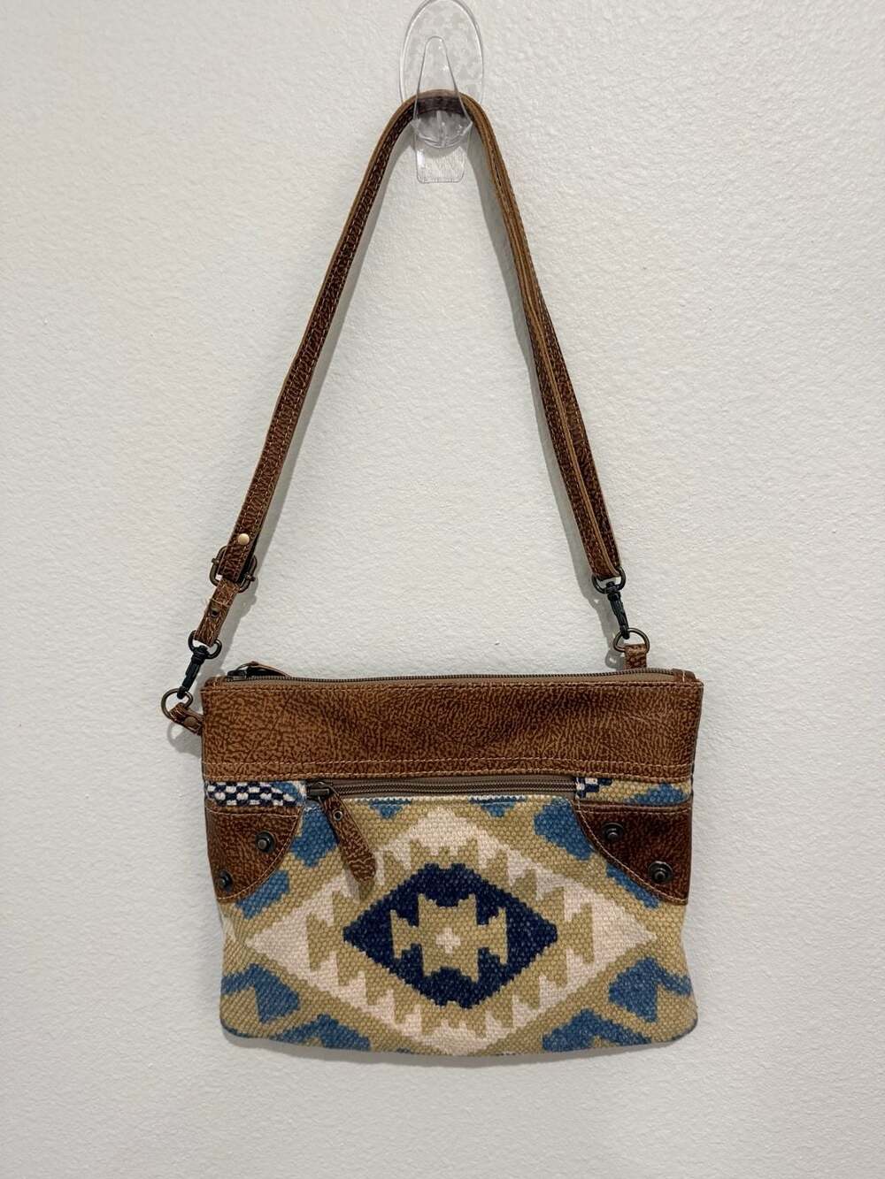 Myra Bag Upcycled Canvas & Leather Western Boho Geometric Crossbody Bag